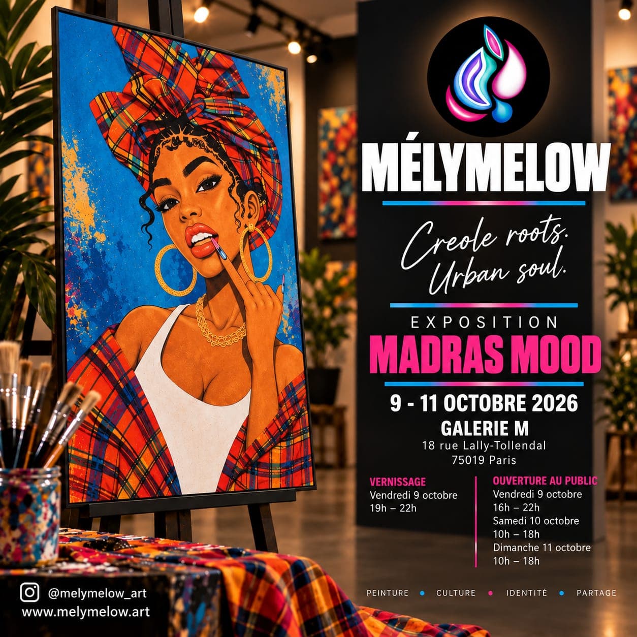 Flyer de l’exposition Madras Mood de MélyMelOw à la Galerie M, du 9 au 11 octobre 2026